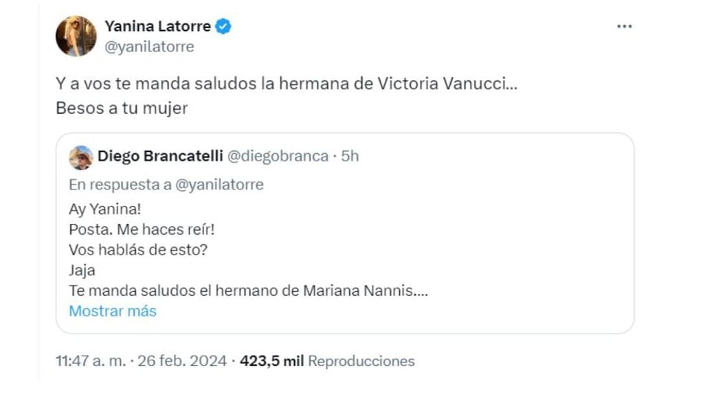 El cruce entre Yanina Latorre y Diego Brancatelli