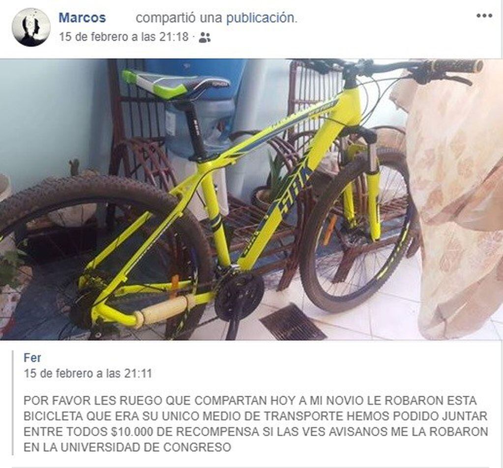 Uno de los tantos avisos en las redes de robos de bicicletas en Mendoza.