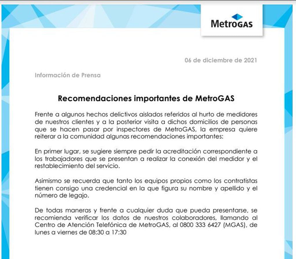 Las recomendaciones que MetroGAS le hizo a sus usuarios. Twitter @AgenciaElVigia