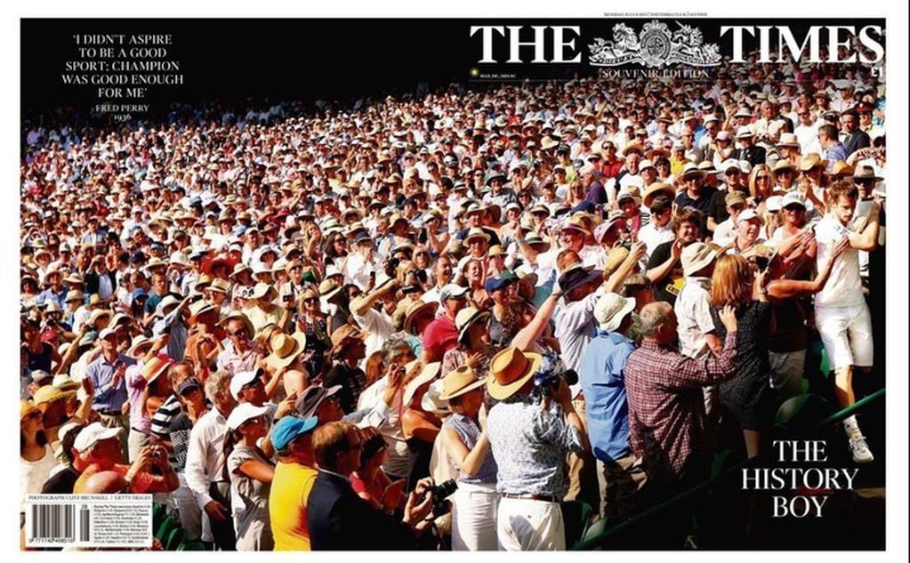 La tapa del periódico británico "The TImes", del viernes 11 de enero de 2018, dedicada íntegramente para el tenista Andy Murray por el anuncio de su retiro.