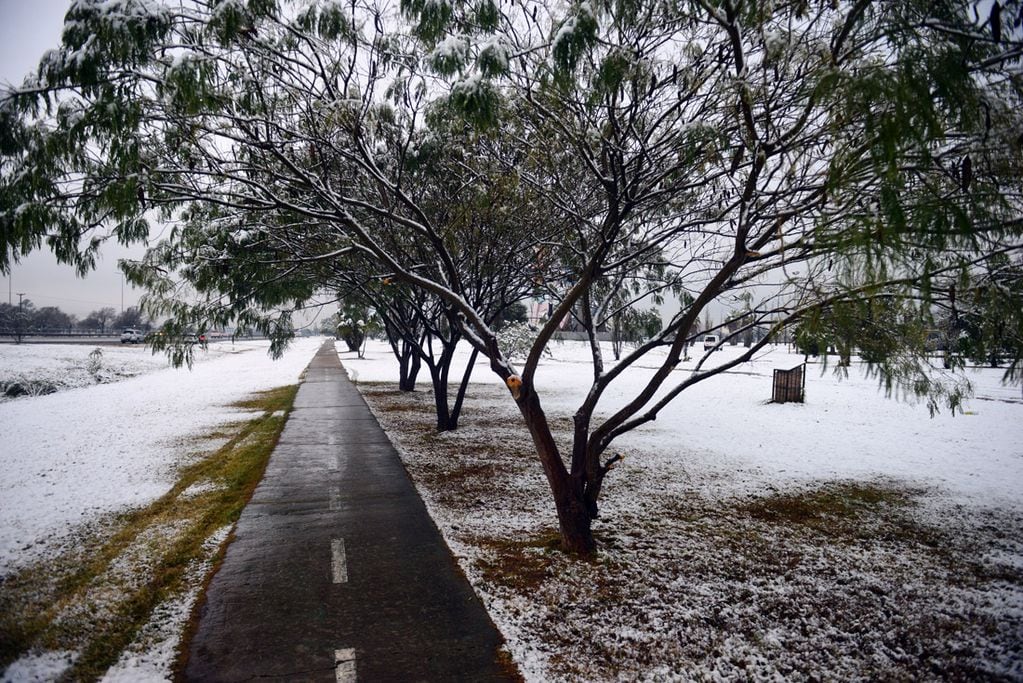 Una intensa nevada cayó en la provincia de Córdoba durante la noche y parte de la mañana del miércoles. 
Parque de los Niños Urbanos, frente al aeropuerto.  Familias juegan y arman muñecos de nieve.  (Nicolás Bravo)