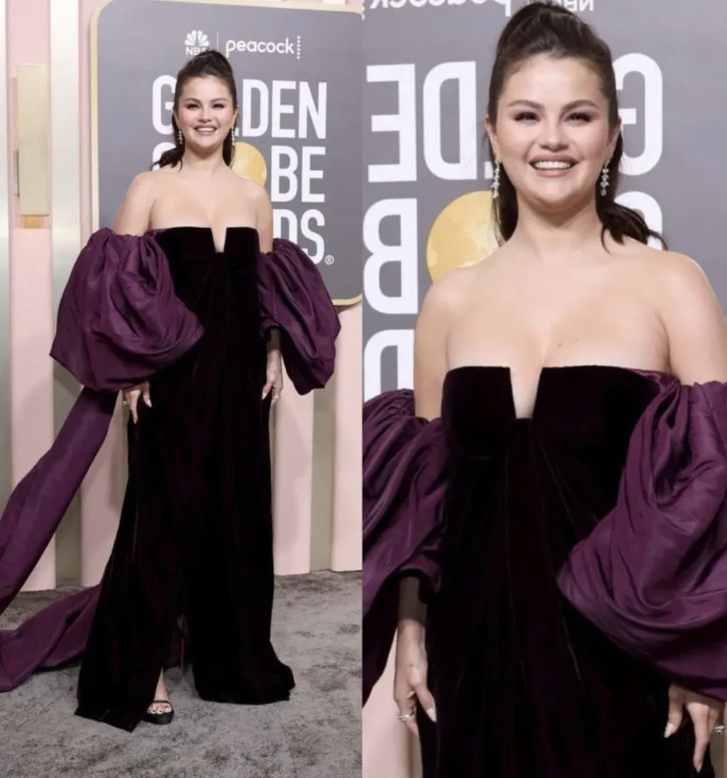 Selena Gómez en un Valentino color berenjena y de terciopelo para los Globos de Oro