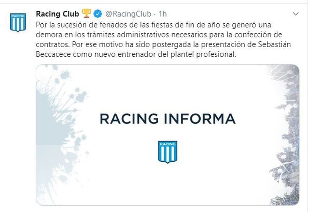 Comunicado de Racing. (crédito: Twitter)