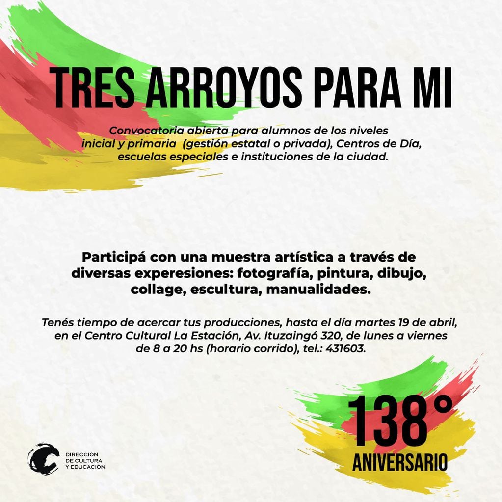 Convocan a las escuelas a la muestra artística "Tres Arroyos para mi"