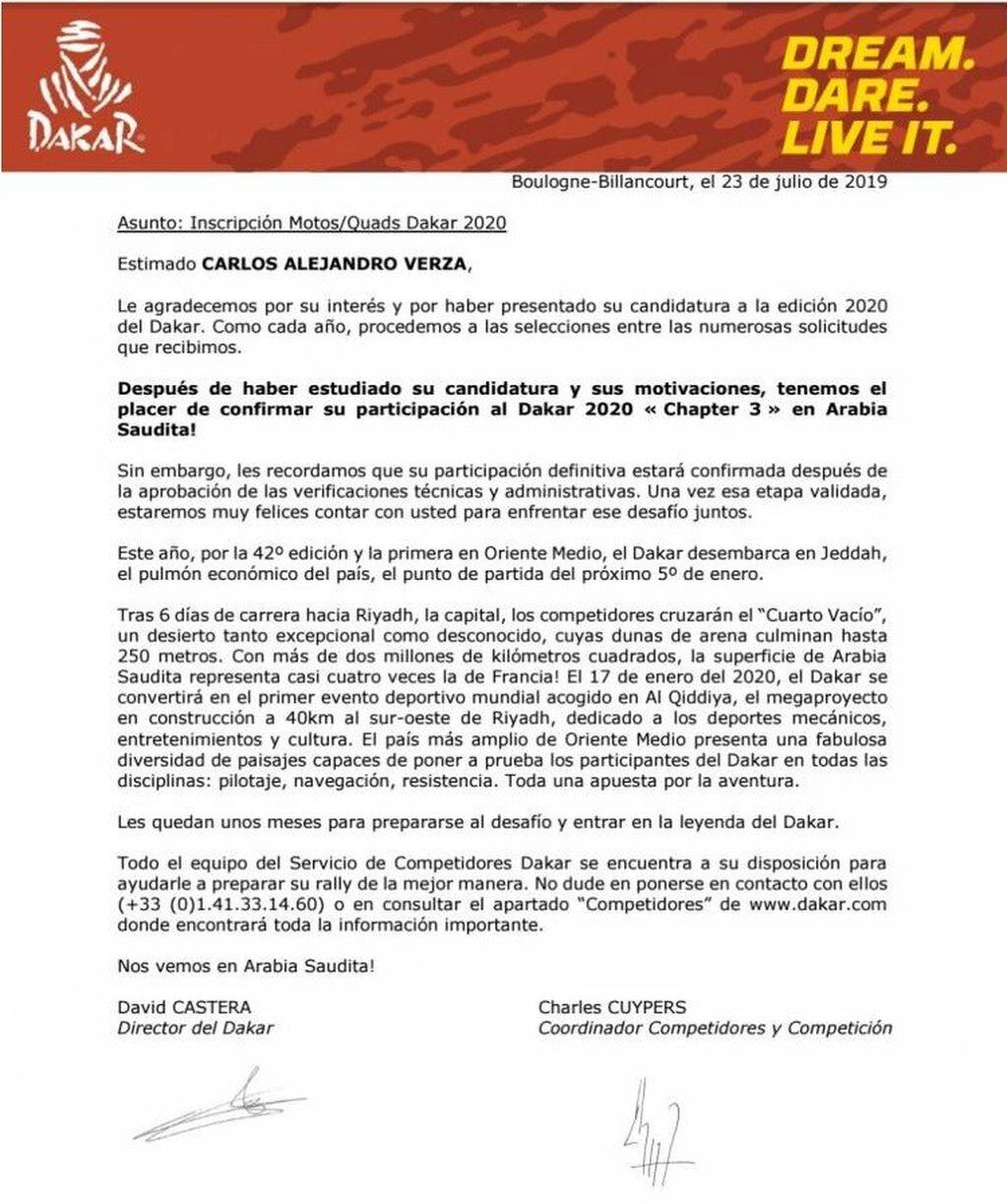 Ayer llegó el comunicado que confirmaba a Carlos Verza como corredor oficial del Dakar 2020.