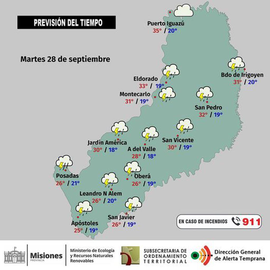 Martes con probabilidad de precipitaciones en la provincia de Misiones.