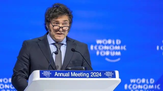 El presidente Javier Milei, en su exposición en el Foro Económico de Davos. (Gian Ehrenzeller/Keystone via AP)