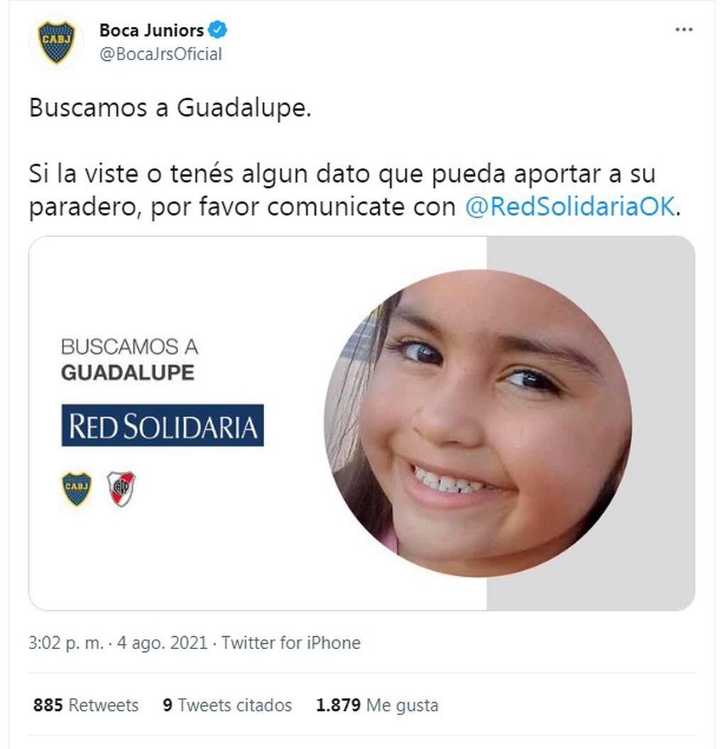 En sus redes sociales el club Boca Juniors se sumó a @RedSolidariaOK para encontrar a Guadalupe Lucero.