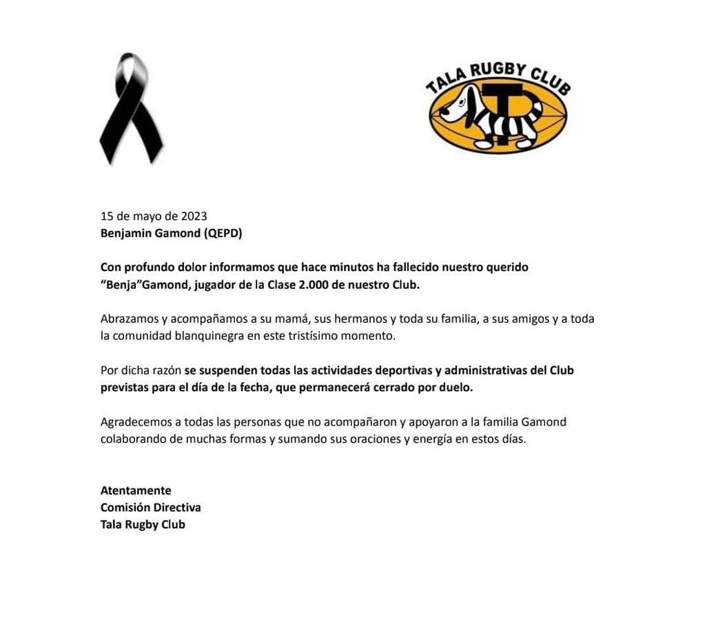 El comunicado del Tala Rugby Club por el fallecimiento de Benjamín Gamond.