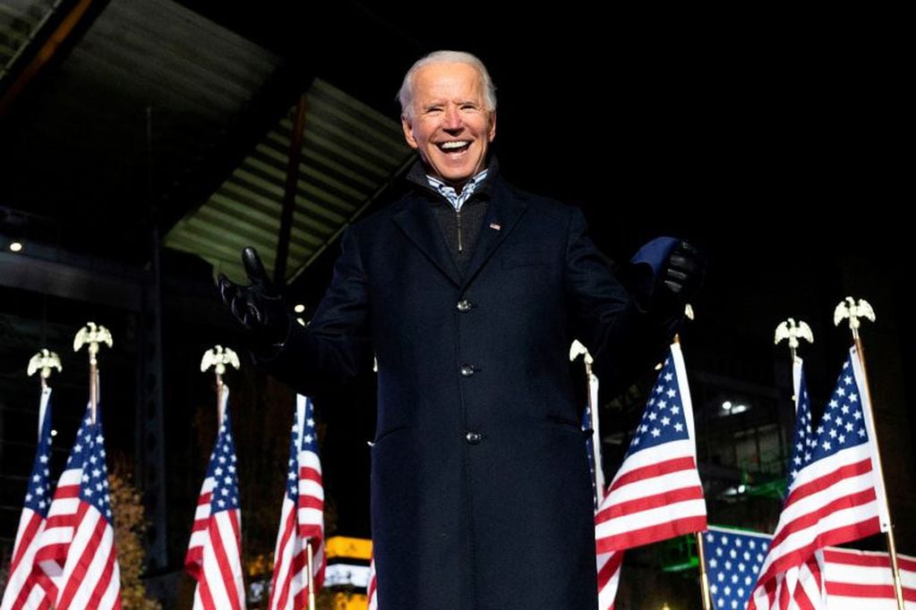 TOPSHOT - Democratic Presidential candidate and former US Vice President Joe Biden gestures after speaking during a Drive-In Rally at Heinz Field in Pittsburgh, Pennsylvania, on November 2, 2020. (Photo by JIM WATSON / AFP)
