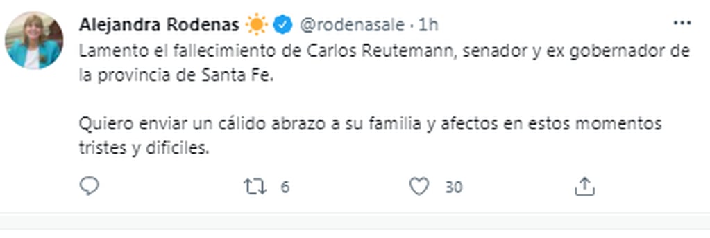 Alejandra Rodenas se despidió de Carlos Reutemann a través de las redes sociales