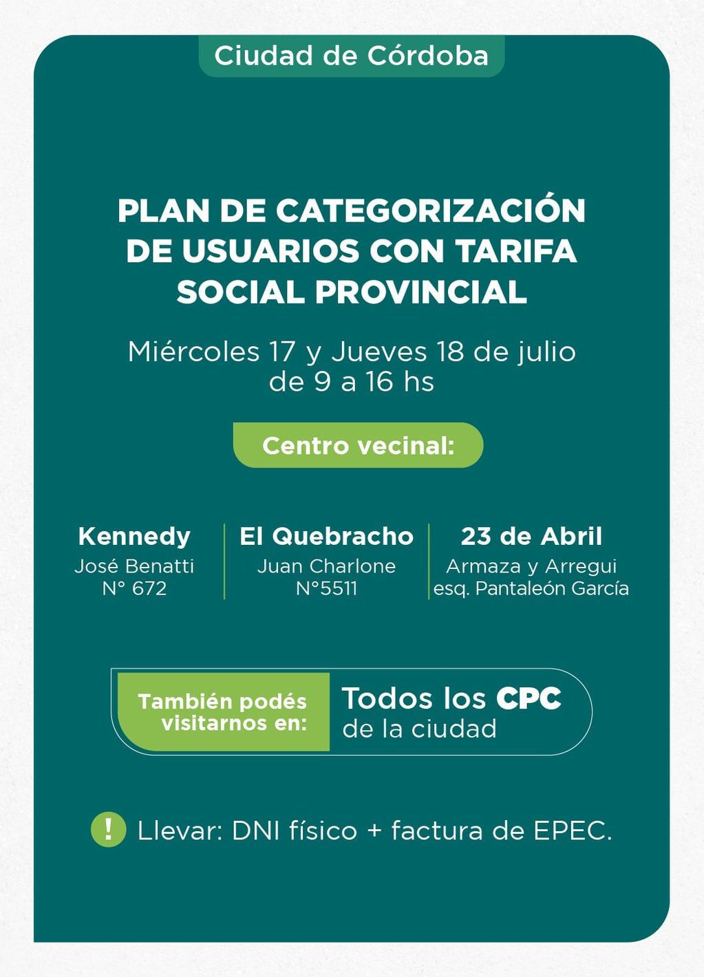 Epec anunció su plan de categorización de usuarios con tarifa social provincial.