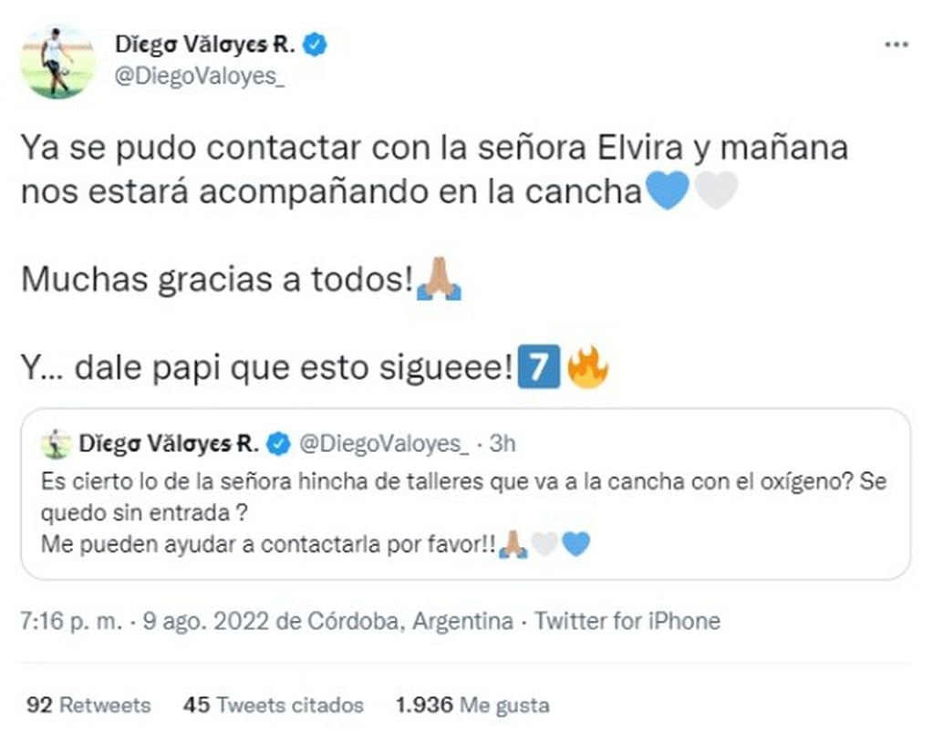 El colombiano le consiguió entradas a Elvira para el partido Talleres- Vélez.