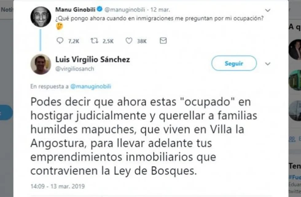 Virgilio Sánchez le recordó a Ginóbili el litigio que tiene por tierras con la comunidad Mapuche.