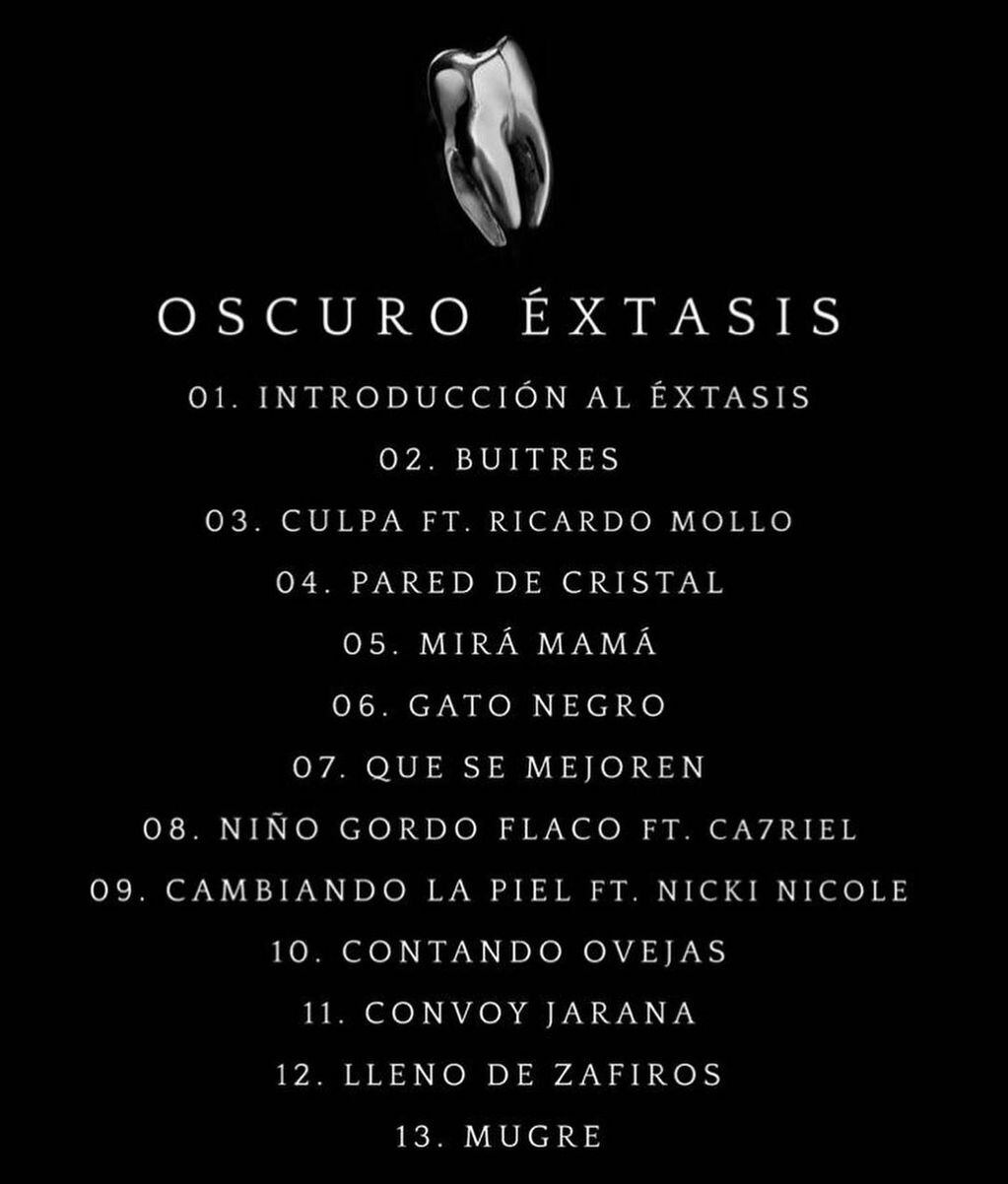 Tracklist de "Oscuro éxtasis".
