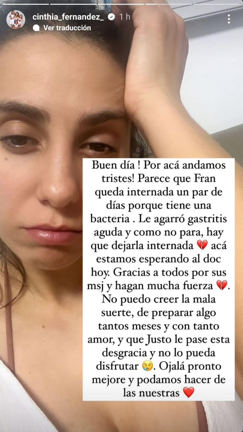 La explicación de Cinthia Fernández sobre el estado de salud de su hija.