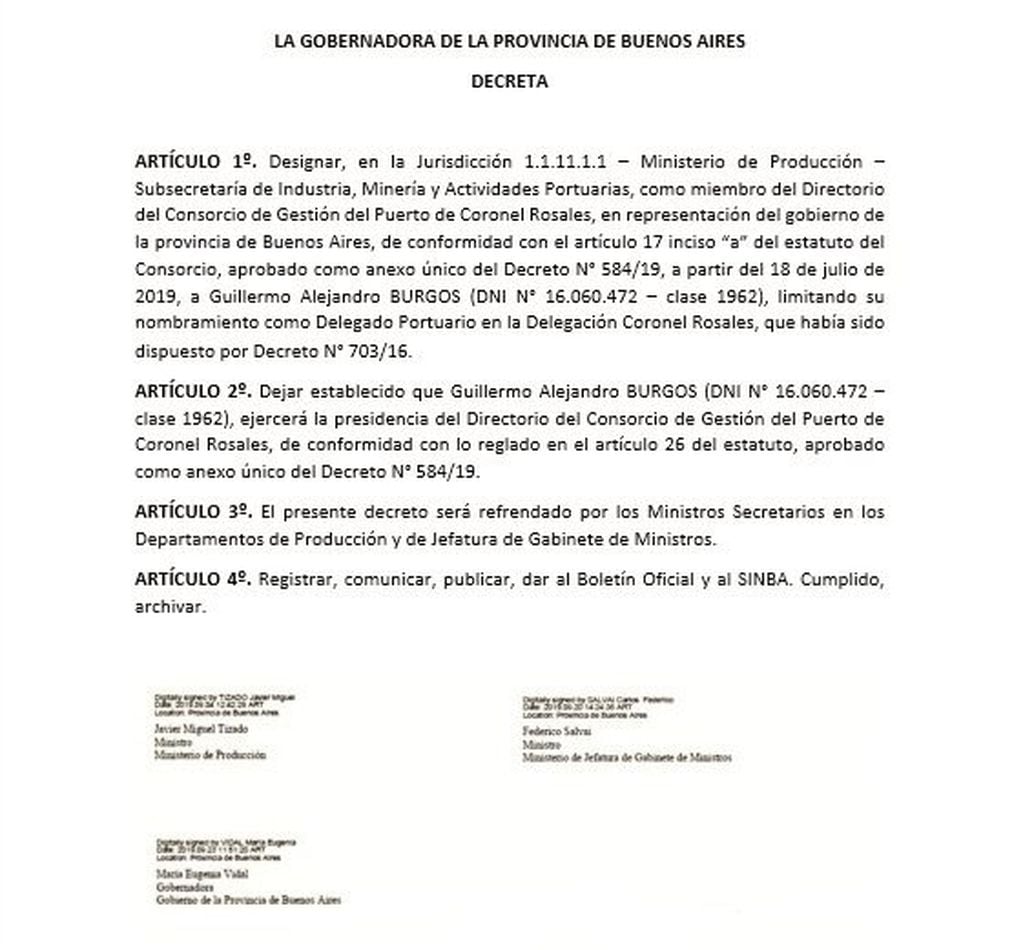 Decreto 1272 Burgos presidente Puerto Rosales