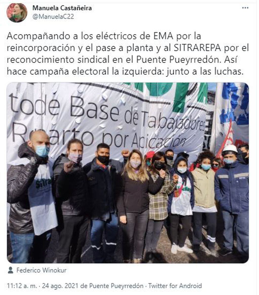 Manuela Castañeira, precandidata a Diputada Nacional por la provincia de Buenos Aires por el Nuevo MAS, acompañó a los trabajadores despedidos de EMA (Edesur) durante su protesta en el puente Pueyrredón.