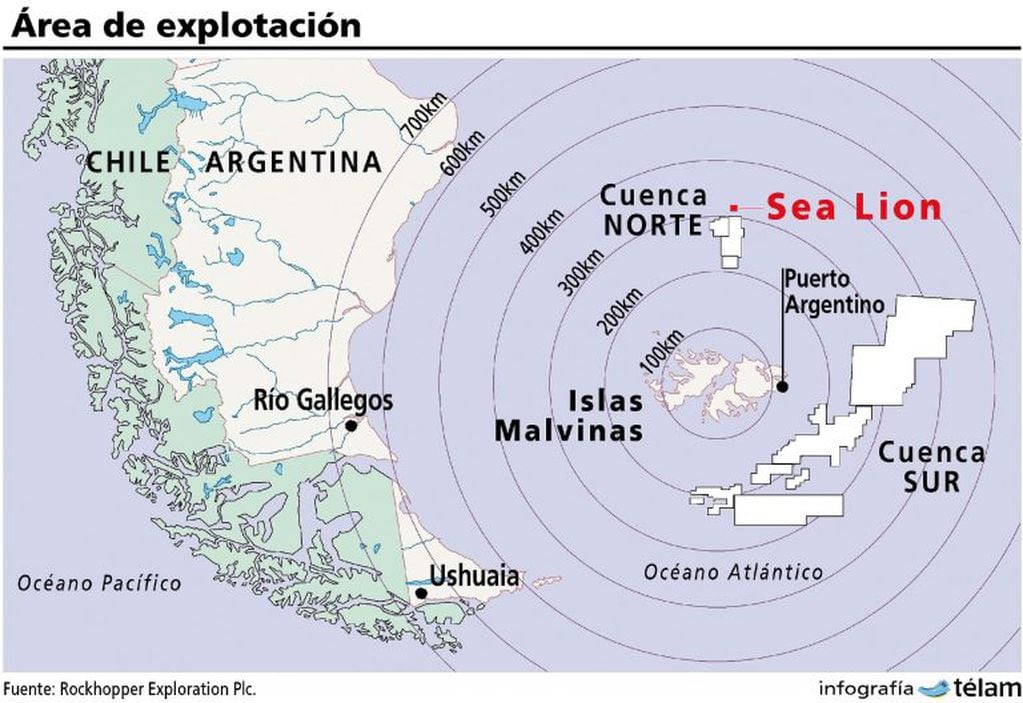 Área de exploración y perforación petrolera en Malvinas.