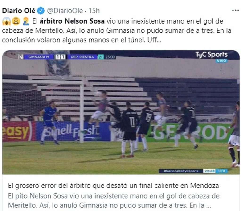 Repercusiones en redes sociales, del gol anulado a Gimnasia de Mendoza por el árbitro Sosa.