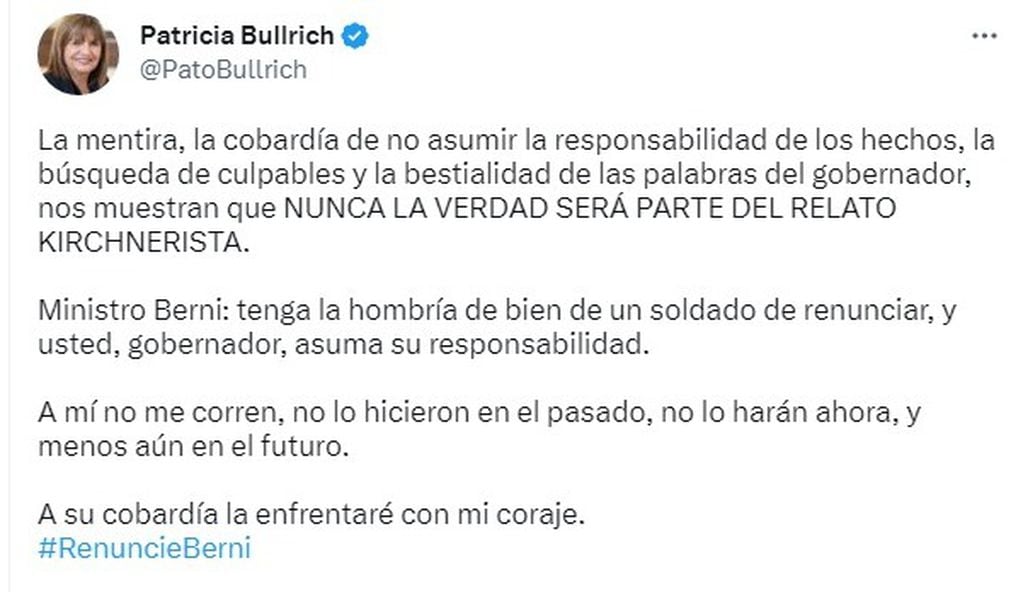 El mensaje de Patricia Bullrich en su cuenta de Twitter pidiendo la renuncia de Sergio Berni.
