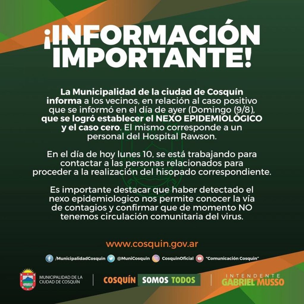Comunicado de la Municipalidad de Cosquín "caso cero".