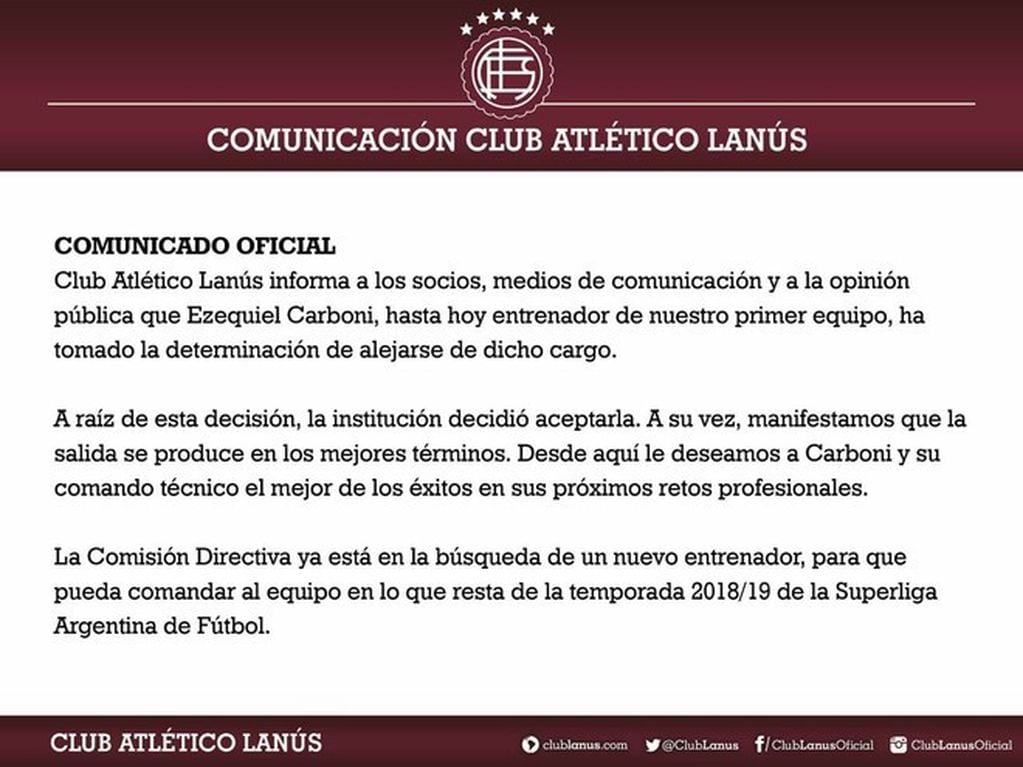 El comunicado de prensa de Lanús en el que confirma la renuncia de Ezequiel Carboni como entrenador del primer equipo.
