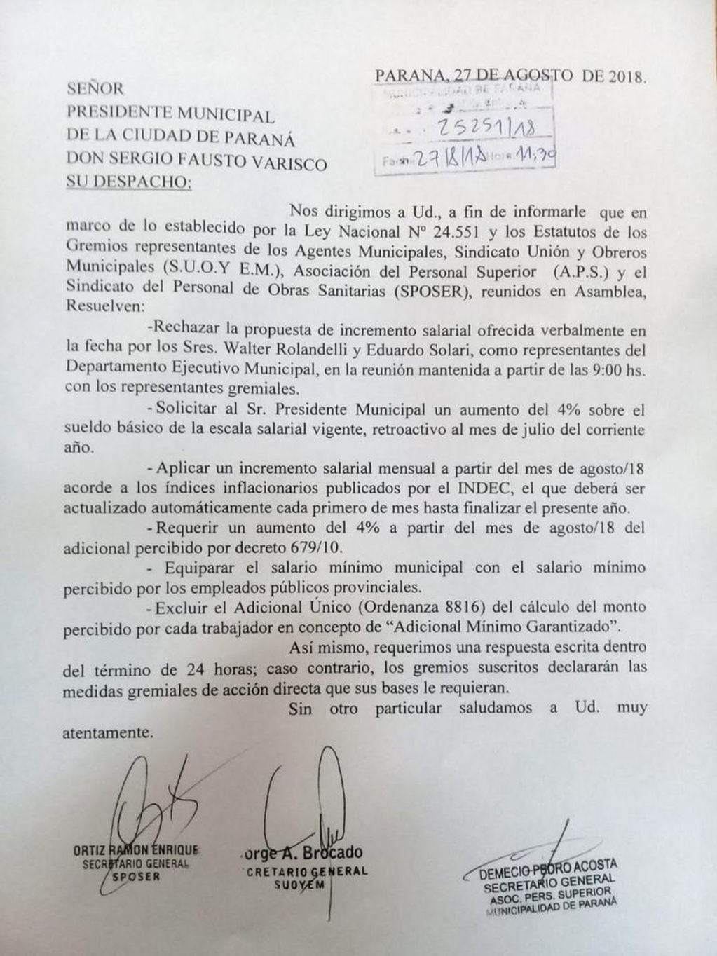 Gremios de Paraná rechazaron el aumento