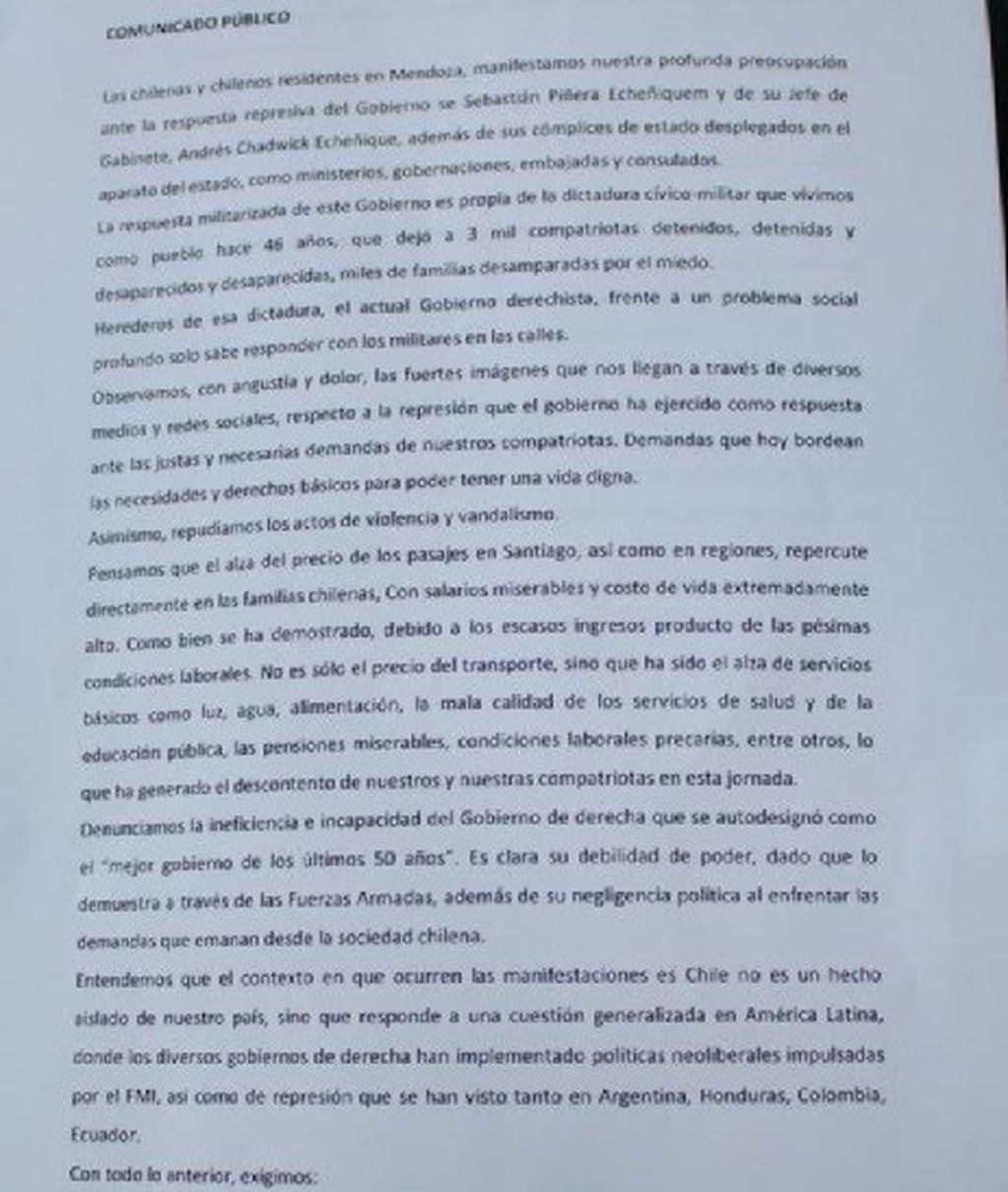 El documento presentado este lunes por los manifestantes chilenos en Mendoza.