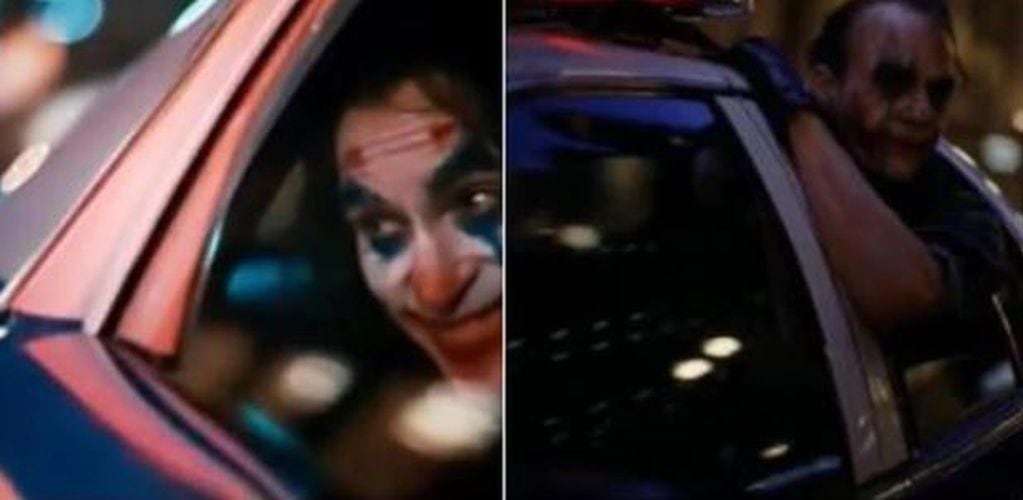 El Guasón interpretado por Heath Ledger en "Batman: El Caballero de la Noche" también viaja a bordo de un auto policial y protagoniza un toma  similar.