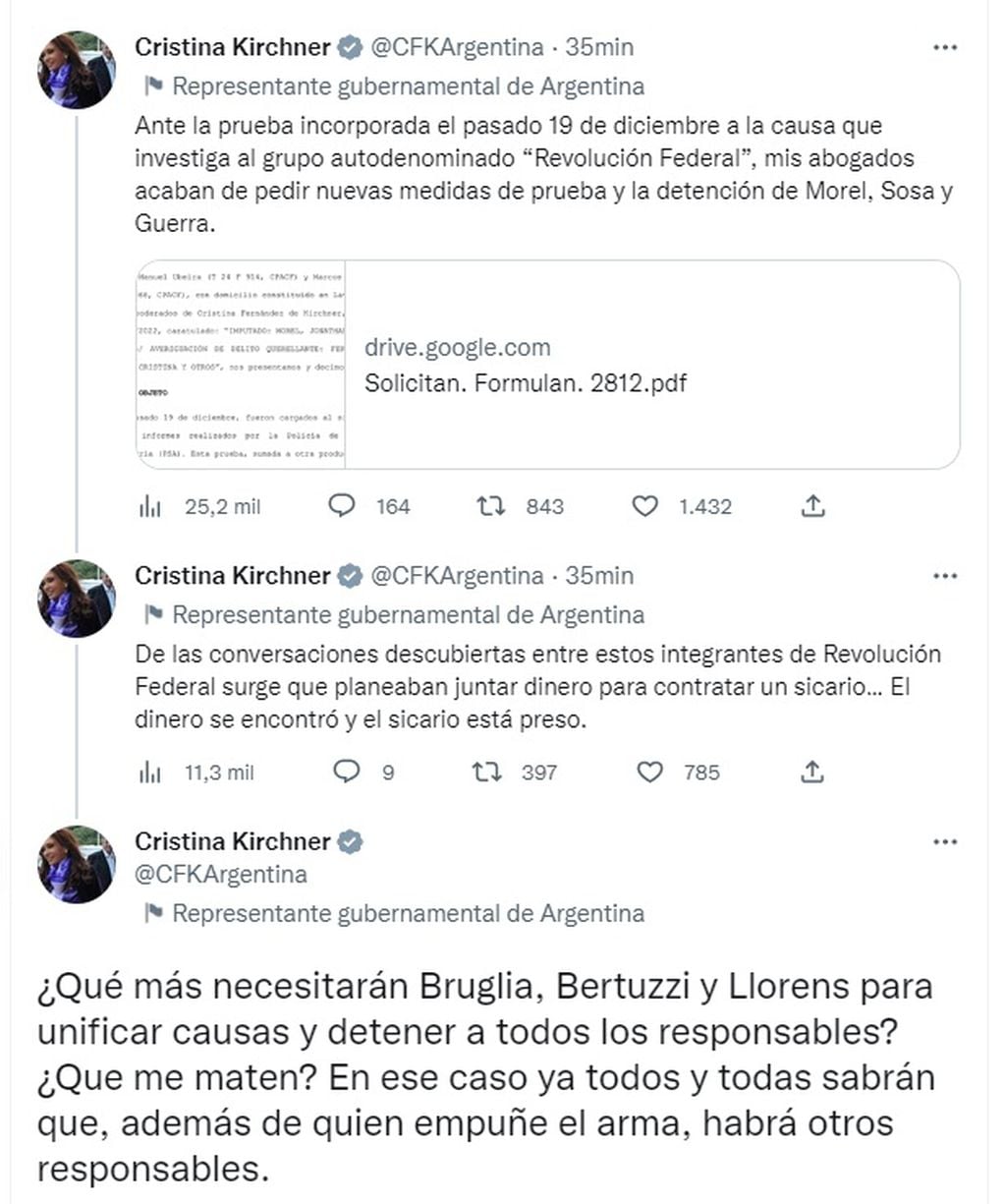 El hilo de Twitter de Cristina Kirchner