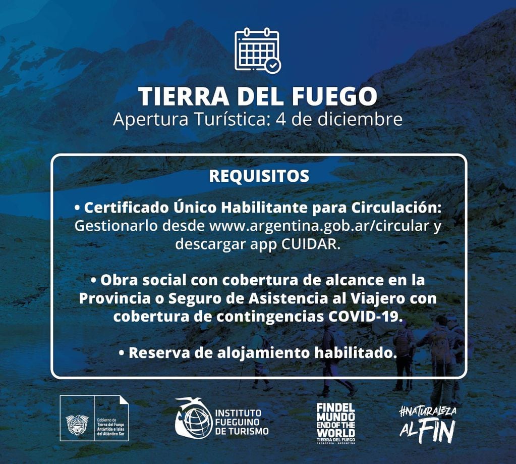 La apertura turística en Tierra del Fuego será el 4 de diciembre.
