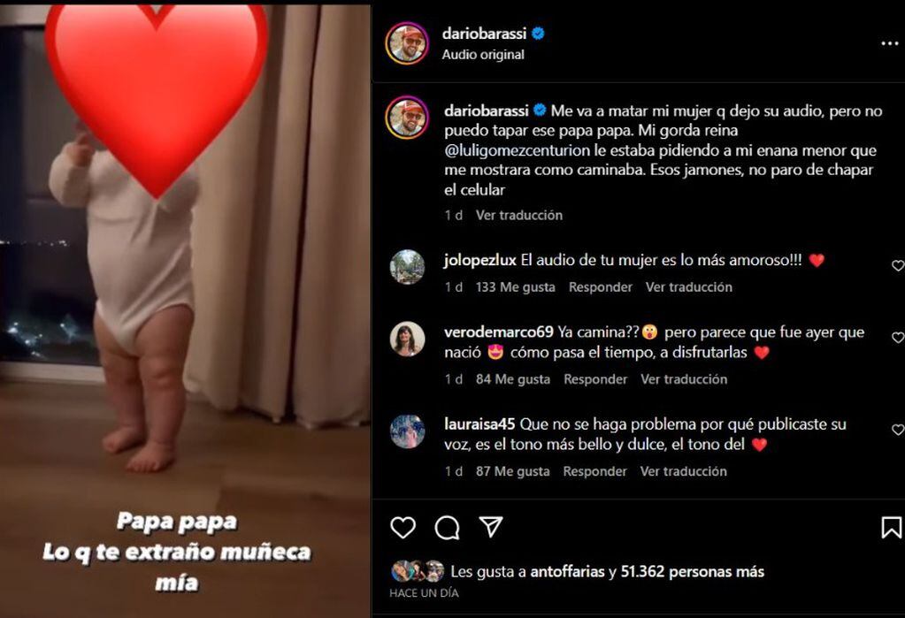 Darío Barassi compartió un tierno video de Inés, su pequeña hija dando sus primeros pasos