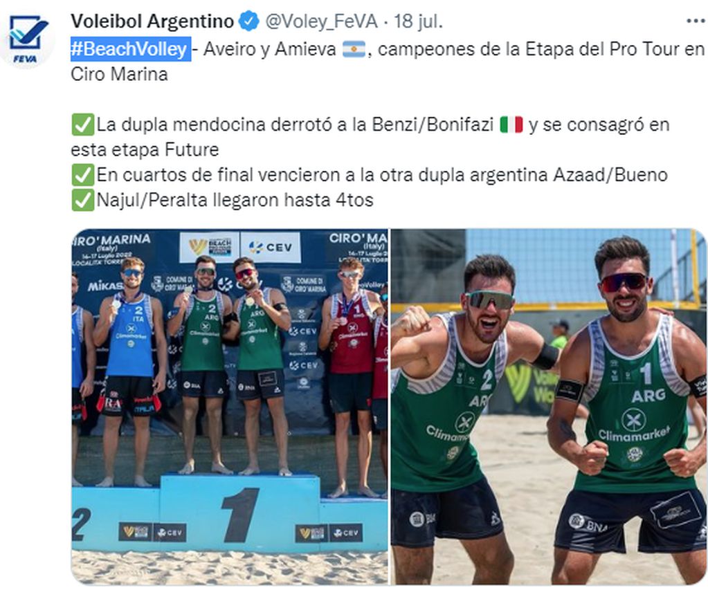 Bautista Amieva y Leandro Aveiro ganaron la medalla de oro en Pro Tour Ciro Marina de Beach Vóley, Italia.
