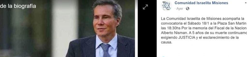 Posteo de la Comunidad Israelita de Misiones por Nisman en Posadas.