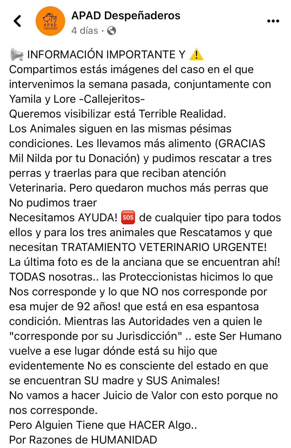 Posteo en Facebook de la Asociación Protectora de Animales de Despeñaderos (APAD).