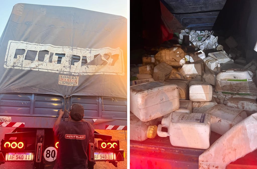 La imagen muestra al chofer responsable del camión retenido en Lumbreras al momento de abrir las compuertas, y los envases hallados por la Policía en su interior.