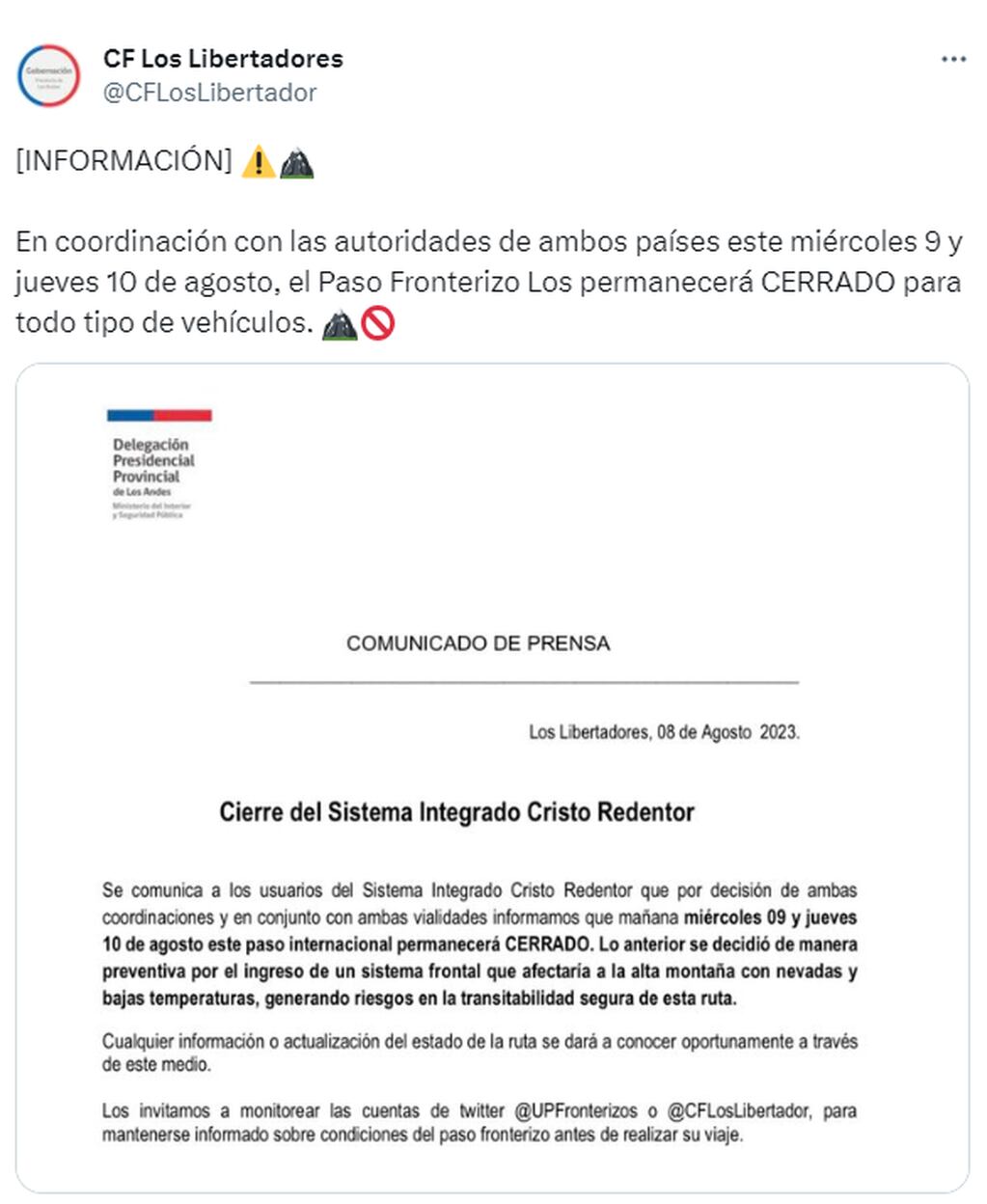 Comunicado de autoridades chilenas