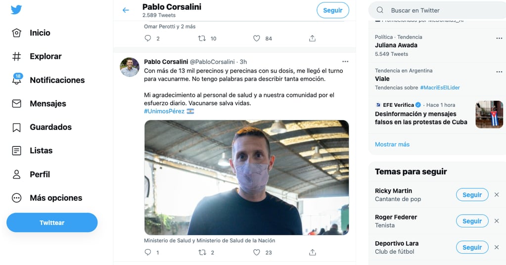 Pablo Corsalini recibió la vacuna contra el Covid-19 (Twitter)