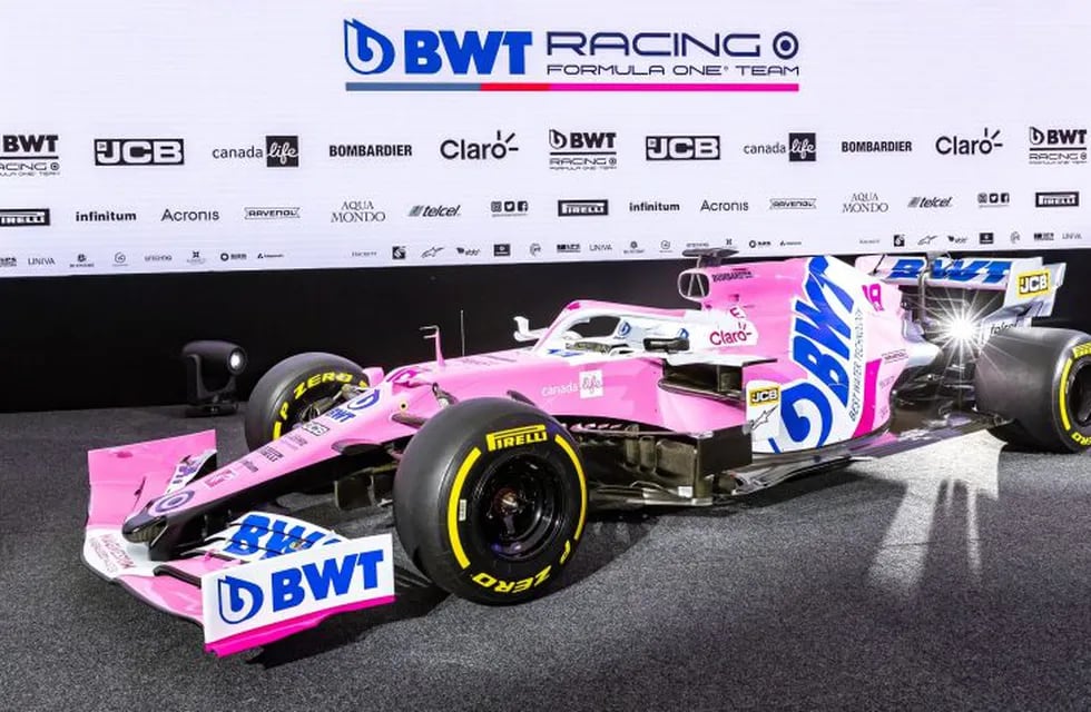 TOPSHOT - The RP20 Formula one car of team BWT Racing Point F1 is displayed during a press presentation in Mondsee, Austria on February 17, 2020. (Photo by Johann GRODER / various sources / AFP) / Austria OUT