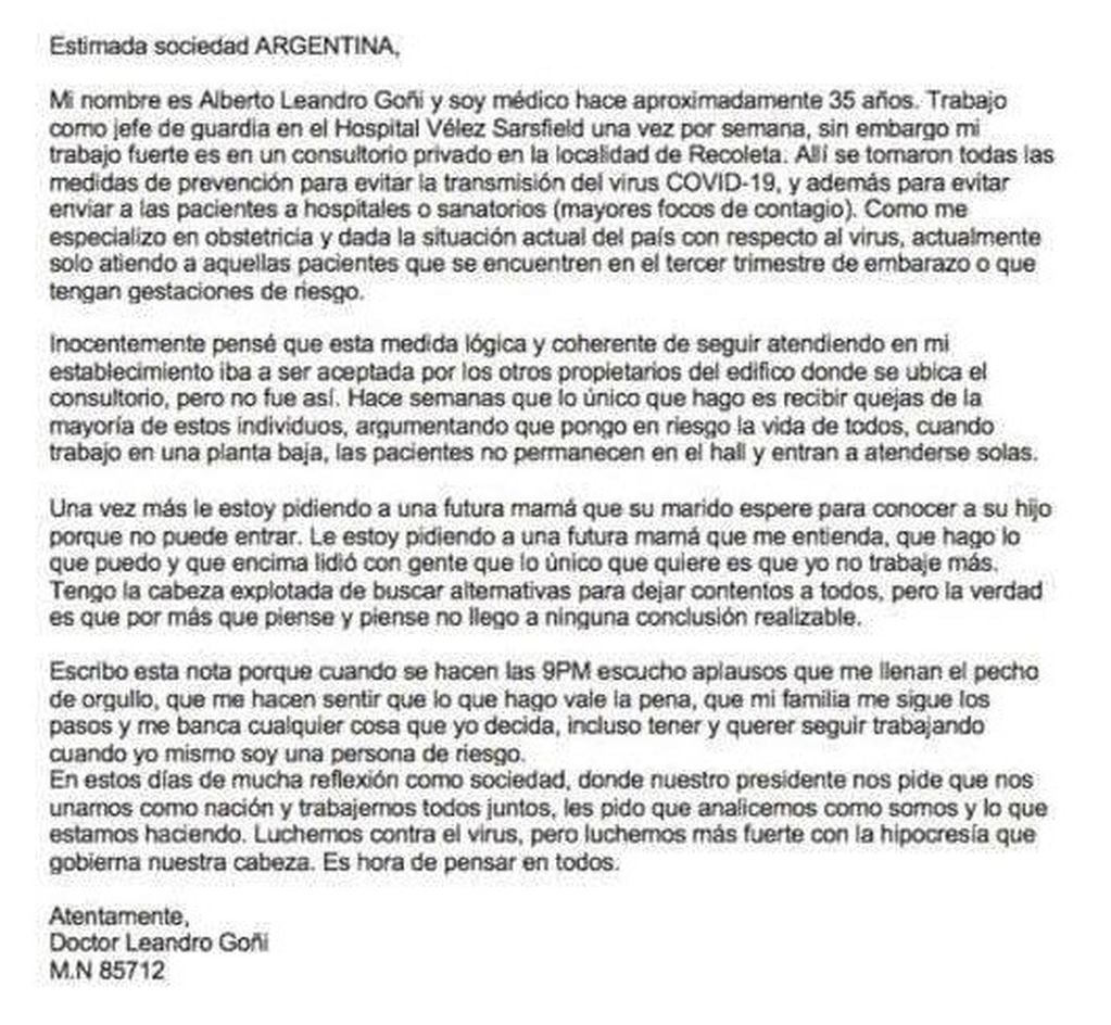 La carta del obstetra Leandro Goñi (Web)