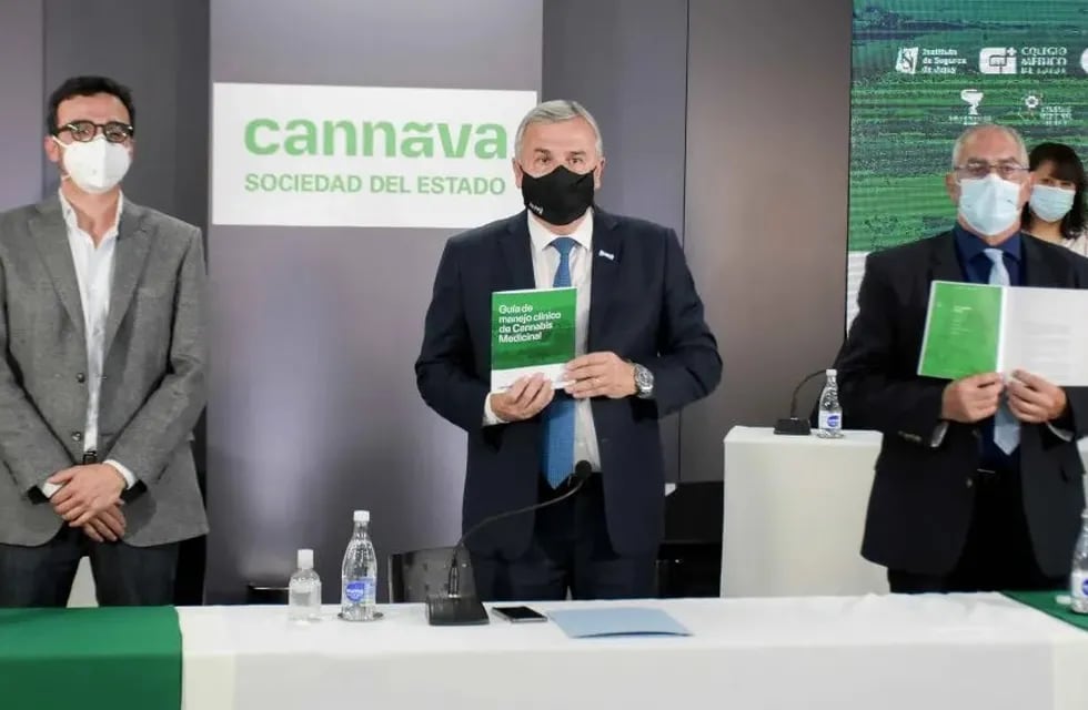 El gobernador Morales acompañado por Gastón Morales, presidente de Cannava SE, y el ministro Gustavo Bouhid, en la presentación de la Guía de Manejo Clínico de Cannabis Medicinal.