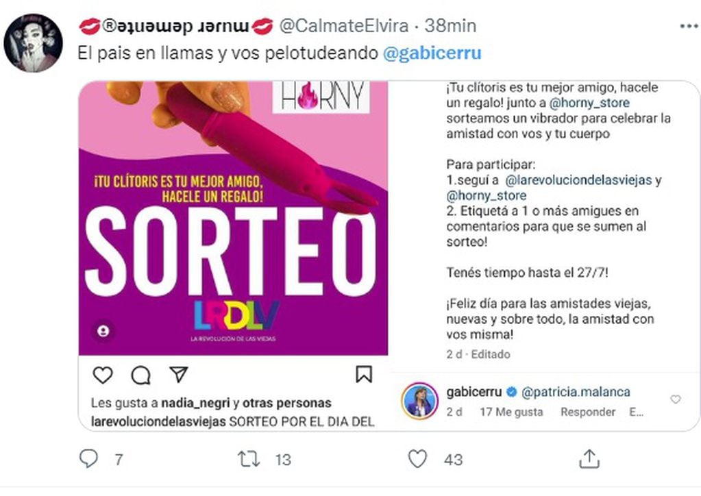Indignación en redes por Gabriela Cerruti participando del sorteo de un juguete sexual en Instagram (Captura Twitter)