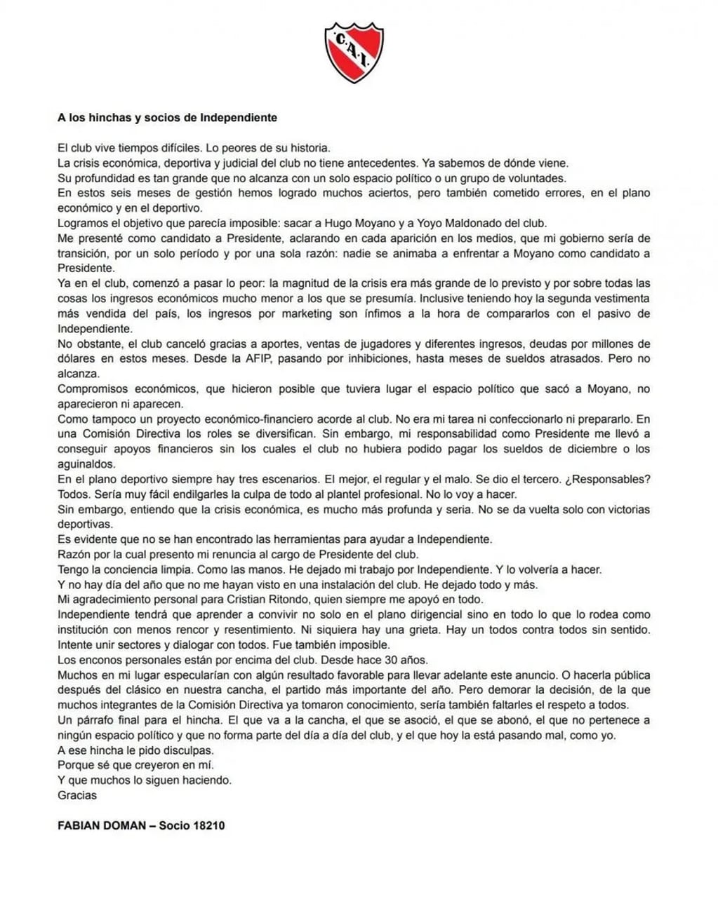 La carta de renuncia de Fabián Doman a la presidencia de Independiente de Avellaneda. / Gentileza.