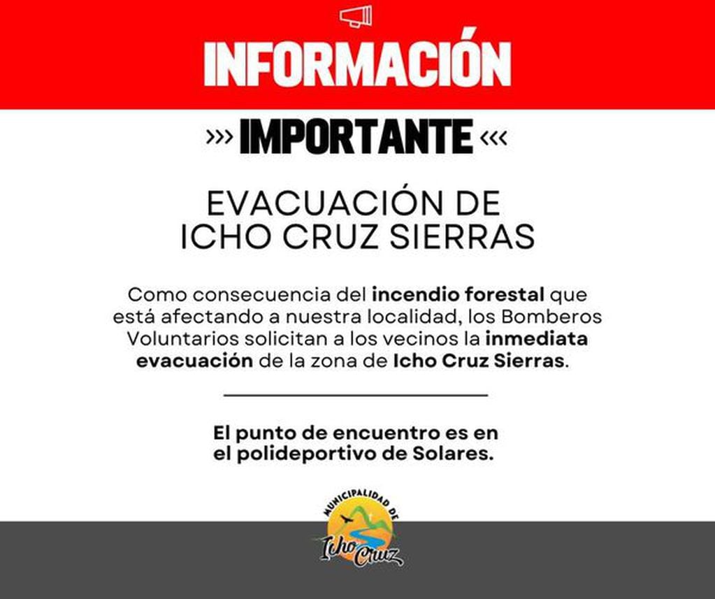 Comunicado del municipio de Icho Cruz pidiendo la evacuación de los vecinos.