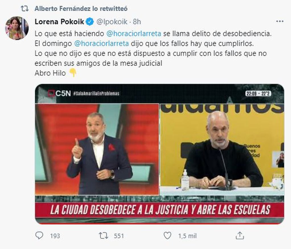 Uno de los tuits compartidos por Alberto Fernández
