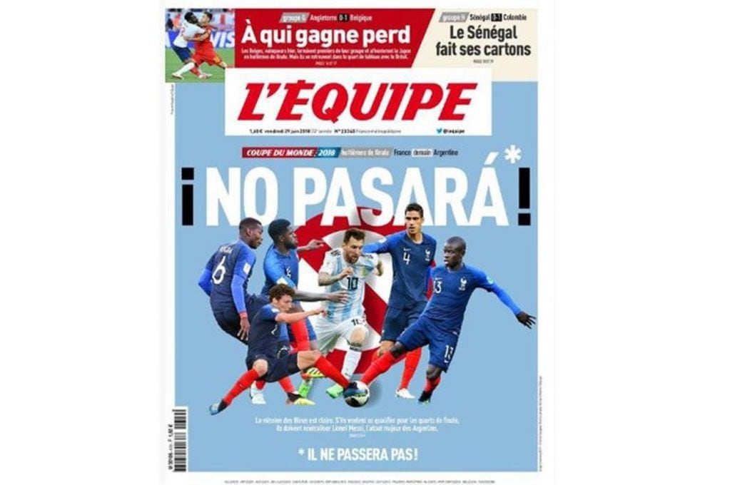 La portada del diario francés L'Equipe que palpita el choque ante Argentina.