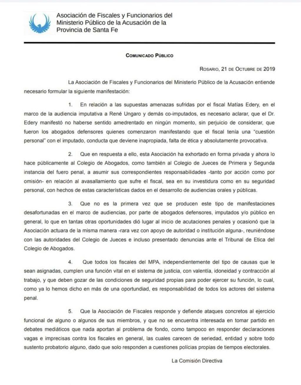 La Asociación de Fiscales y Funcionarios del MPA desmintió amenazas de René Ungaro hacia el fiscal Matías Edery. (@fiscaliareg2)