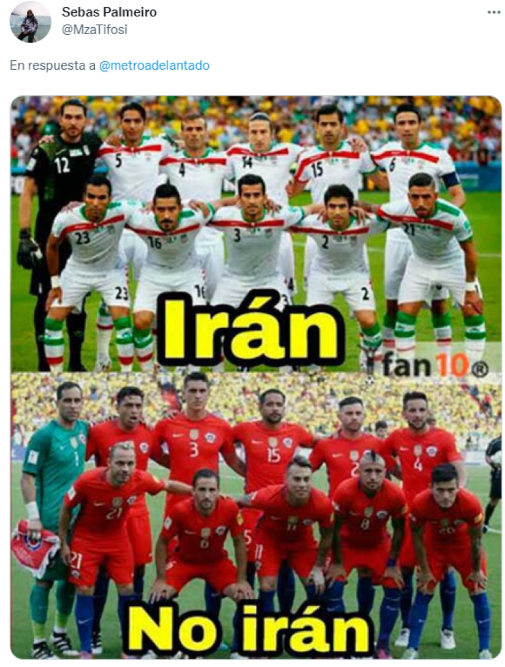El juego de palabras haciendo alusión a que Irán estará en el Mundial y Chile no.