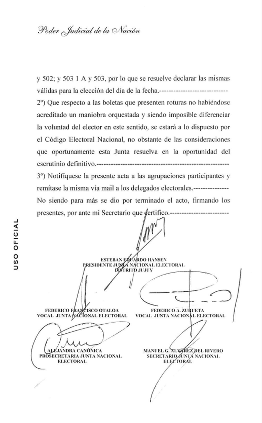 El acta de la Junta Nacional Electoral - Distrito Jujuy de la audiencia en la que resolvió validar las boletas de las PASO para los comicios generales de este domingo.